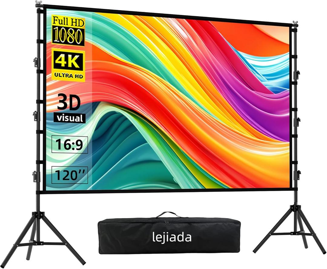 120 Inch Projector Screen with Stand, 4K HD 16:9 Movie Screen for Backyard, Outdoor Movie Nights and Business Presentations, Portable Foldable Anti-Crease Screen with Carry Bag