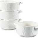 Sureasy 20 oz Soup Bowls with Handles, Ceramic French Onion Soup Bowls, Oven Safe Soup Crocks for Beef Stew, Chili, Cereal, Pot Pies, Embossed Serving Bowls Set of 4, Gift, White