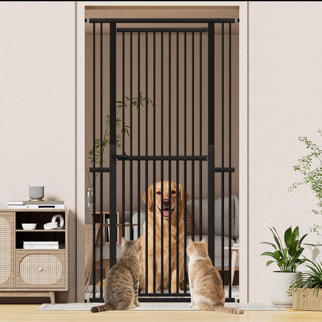 51"-87" Extra Tall Pet Gate for Cats, 29.5"-40.5" Wide Pressure Mounted No-Drilling Safety Dog Gate, Metal Walk-Thru Barrier for Doorways, Stairs, Kitchens, Black