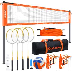 Outdoor Volleyball Badminton Combo Set with Net, Anti-Sagging Design, 4 Badminton Rackets, 3 Birdies and PU Volleyball for Backyard Lawn Beach
