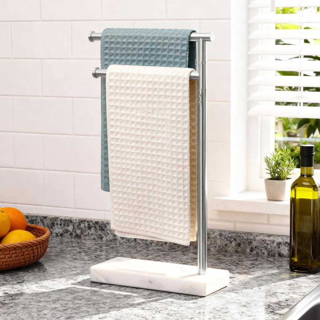KES Hand Towel Holder Stand for Bathroom, Countertop Towel Stand Swivel with Marble Base, 17.3" 2 Arms Hand Towel Holder Freestanding Counter Top 18/8 Stainless Steel Brushed Finish, BTH233A-2