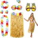 PHOGARY 8 Pack Hula Skirt Costume Kit for Hawaii Luau Party - Dancing Hula with Flower Bikini Top, Hawaiian Lei (Colorful-yellow)