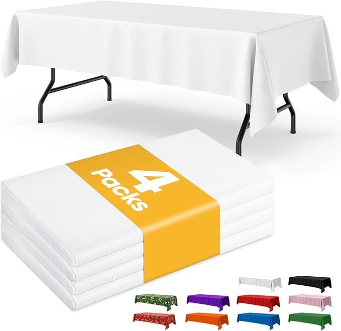 White Plastic Table Cloth - 4 Pack 54" × 108" Rectangle Disposable Tablecloths for 6FT Tables, Waterproof Table Cover for Party, Holiday & Gathering Use