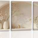 3pcs Framed Canvas Wall Art Arched Wabi Sabi Niche Textured Vases Dried Florals Posters Prints Pictures Paintings Minimalist Warm Beige Wall Decor for Bedroom Living Room Bohemian Decoration