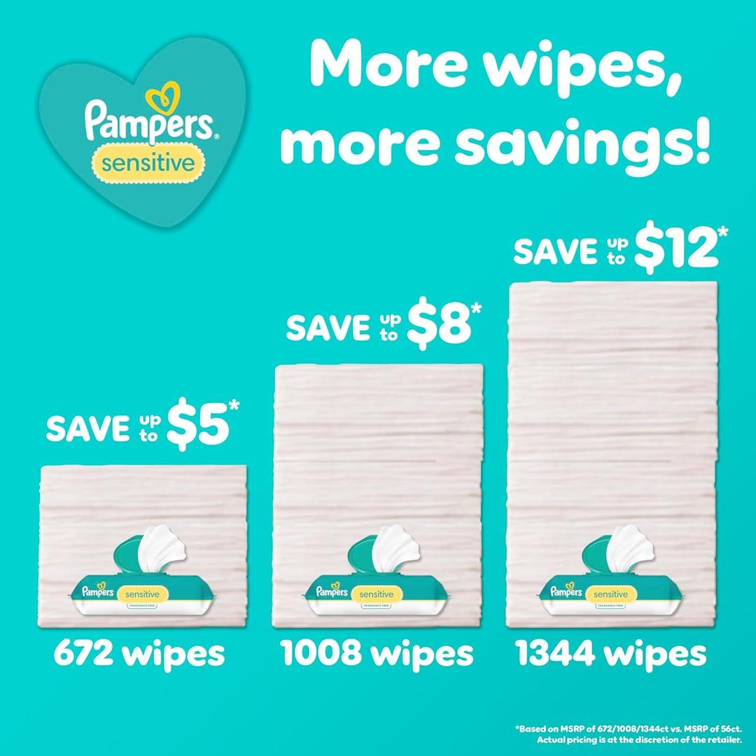 Pampers Sensitive Baby Wipes, Water Based, Clinically Proven, Hypoallergenic, and Unscented for Babies, 1344 Wipes Total (16 Flip-Top Packs) 