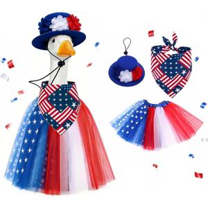 4th of July Porch Goose Outfit - 3PC Patriotic Costume Set with Hat, Flag Bandana & Tutu Skirt for 23" Lawn Goose Statues, Independence Day Yard Decor