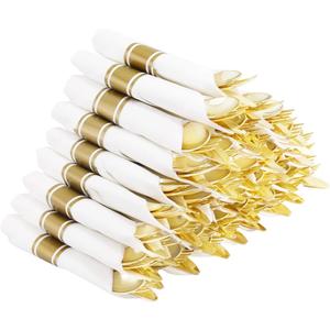 Supernal 60 Pack Pre Rolled Napkins with Gold Plastic Silverware, Premium Disposable Gold Wrapped Cutlery Set Includes: 60 Forks 60 Knives 60 Spoons 60 Napkin for Party