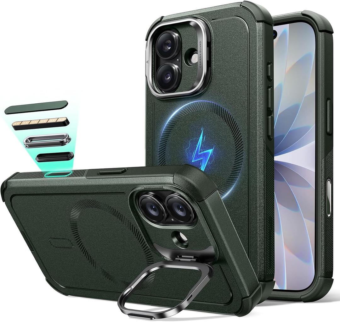 ESR for iPhone 17 Case with Stash Stand, 7X Military-Grade Drop Protection with Camera Control, Shock-Absorbing Phone Rugged Cover, Compatible with MagSafe Accessories, Cyber Series, Green