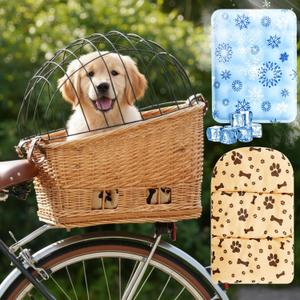 Wicker Dog Bike Basket, Rattan Pet Carrier for Small Dogs Cats with Protective Grille, Includes Ice Pad and Soft Cotton Cushion, for Secure Bicycle Rear Luggage Rack(Tilted-top) 21.1"L x 16.1"W x 12.0"H