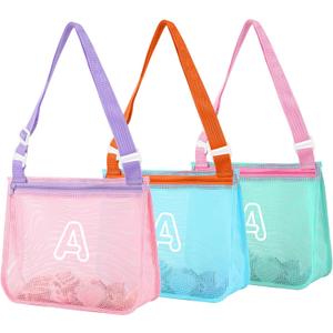 3Pcs Personalized Kids Beach Shell Bag, Initial Seashell Mesh Zipper Beach Pouch, Shell Collecting Bag for Holding Shells with Adjustable Straps, Sand Toys Swim Pouch Gift for Girl Boy Teens(Letter A) (Blue/Pink/Lightgreen)