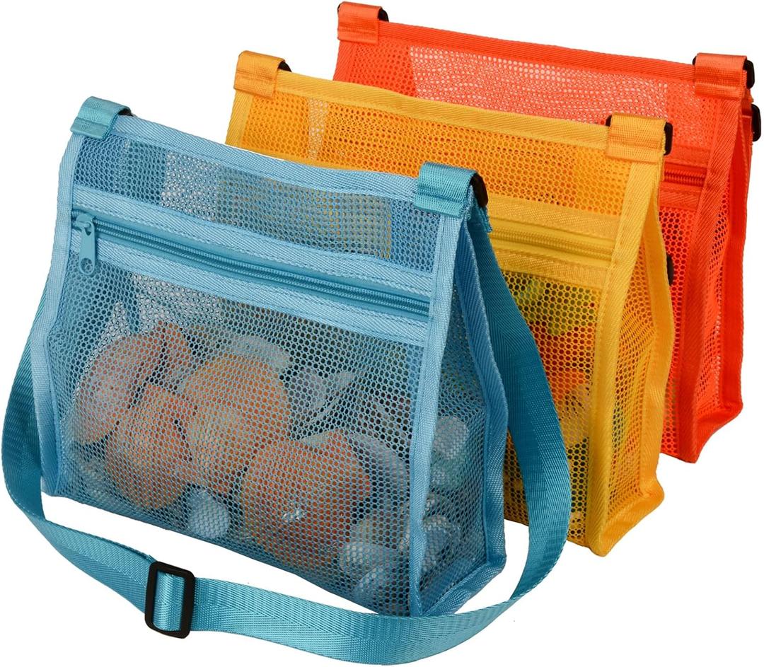 Mesh Bag for Holding Beach Shell,Toys (Blue&Yellow&Orange 3pack) Shell Collecting Bags for Kids, for Picking Up Shells (Multicolored)