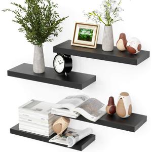 Black Floating Shelves for Wall, 4 Sets Wall Mounted Shelves, Display Shelves for Wall Decor, Shelf for Bathroom, Kitchen, Living Room, Black