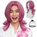 Light Pink Wig Men Pink Cosplay Wig Short Straight Layered Anime Cosplay Wigs Pink Hair Wigs for Pop Singers Idol for Costume Outfit Halloween Dance Stage Party Daily Use + Hair Cap