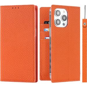 iCoverCase Compatible iPhone 15 Pro Wallet Case, RFID Blocking Genuine Leather Magnetic Flip Cover Case with Wrist Strap, Card Slots & Kickstand Feature - 6.1 Inch (Orange)