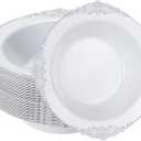 Bestluck 50 Pack White Plastic Bowls with Silver Relief Rim, 12oz Plastic Salad Bowl, Disposable Bowls for Party, Dinners, Weddings, Christmas, Thanksgiving, Valentine's Day, Silver Relief