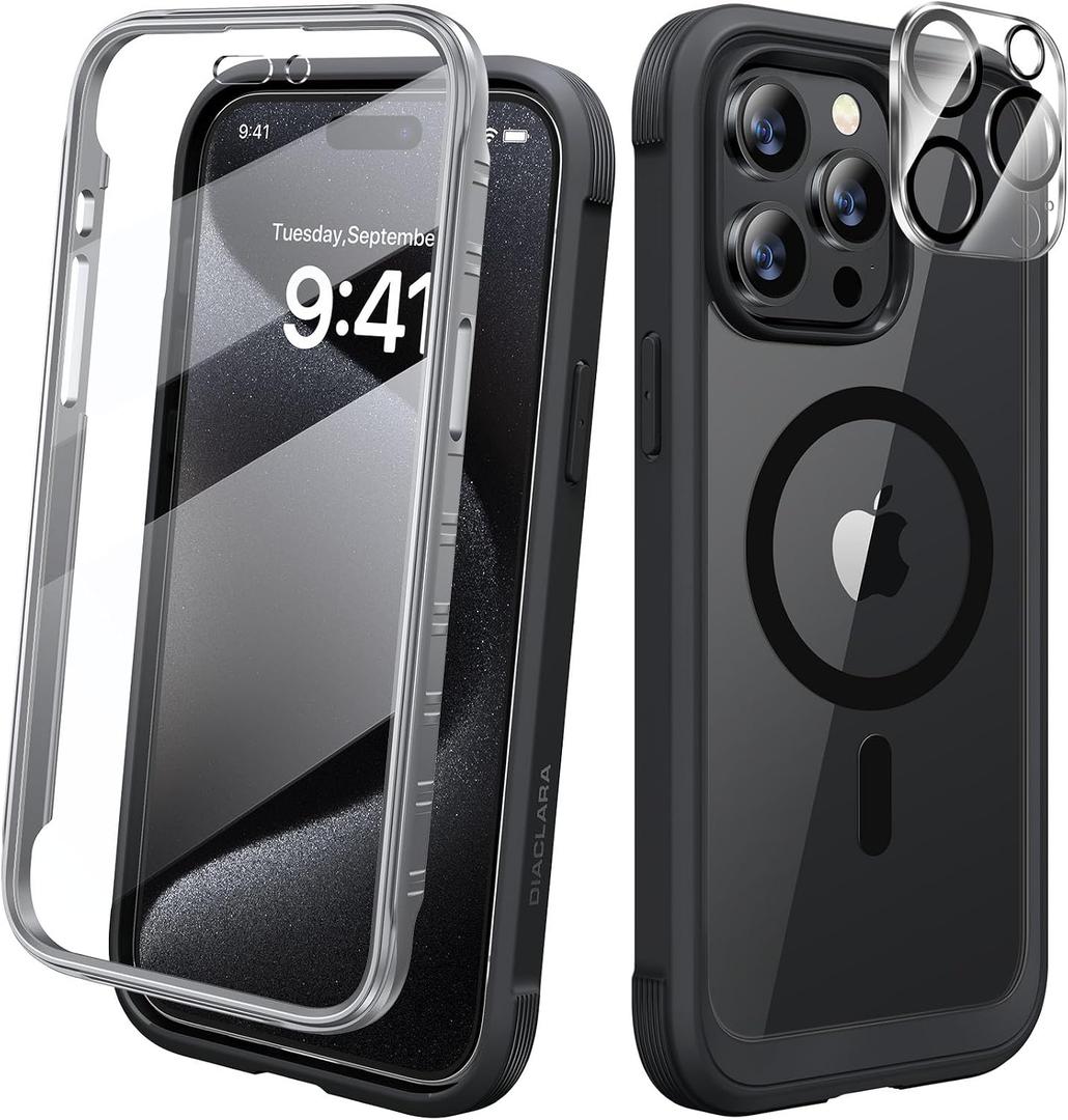 Diaclara Magnetic for iPhone 15 Pro Case, [Military-Grade Drop Proof & Fit for MagSafe] Built-in Shockproof Screen Protector, [Camera Lens Protector] Phone Cover for iPhone 15 Pro 6.1"(Black)