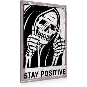 BEASTZHENG Vintage Stay Positive Skull Sign Metal Tin Sign Wall Dcor Funny Retro Sign for Home Living Room Bedroom Halloween Decor Gifts - 8x12 Inch