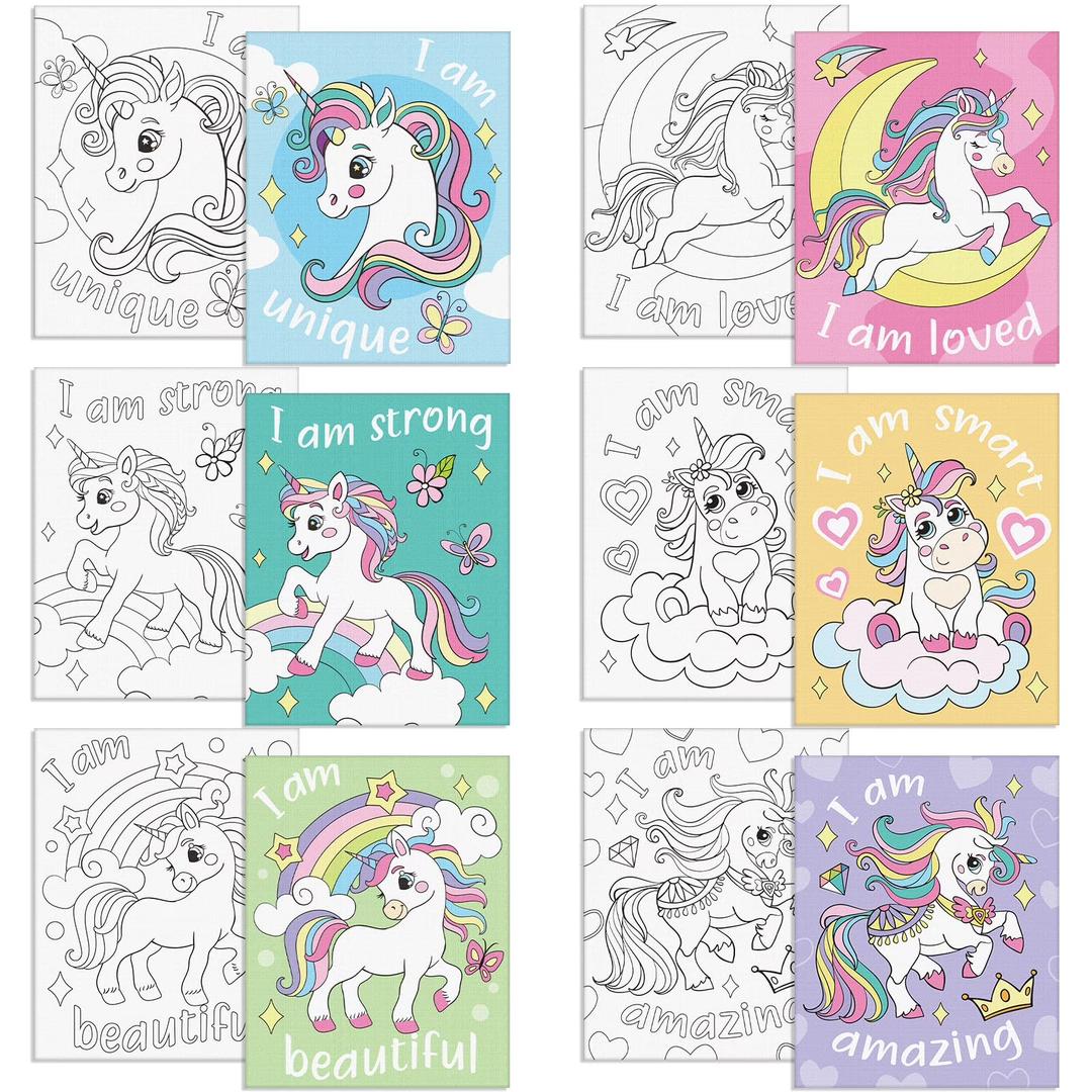 Thinkday 6 Pieces Pre Drawn Canvas for Painting 8 x 10 Inch Pre Drawn Stretched Canvas Positive Affirmations Back to School Paint Kit for Kids Valentines Classroom Paint Activity Party Favors(Unicorn)