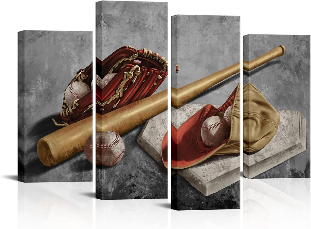 LevvArts 4 Panel Baseball Canvas Wall Art Retro Sports Painting Pictures Artwork for Boys Bedroom Decoration Rustic Gym Decor Art Poster Framed Ready to Hang