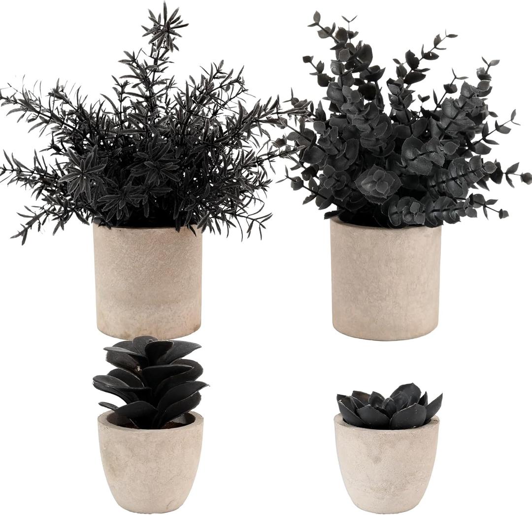 ALAGIRLS 4 Packs Fake Plants Small Artificial Plants Indoor Black Eucalyptus Rosemary Succulents Plants Potted Faux Plants for Home Indoor Office Bathroom Living Room Decor