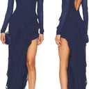 Women Long Sleeves Mesh Tassel Ruffle Maxi Dress With High Slit Party Dress | Asymmetrical Ruffle Hem Side Split Bodycon Dress Open Back Evening Gowns Prom Wedding Guest Date Night Cocktail Party Dress