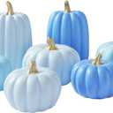 WDS WONDROUS Fall Pumpkin Decor Set of 7 Thanksgiving Decorative, Artificial Fake Blue Pumpkins with Gold Stems Decorations for Home, Resin Pumpkins Set Harvest Gender Reveal Mantel Table Centerpiece