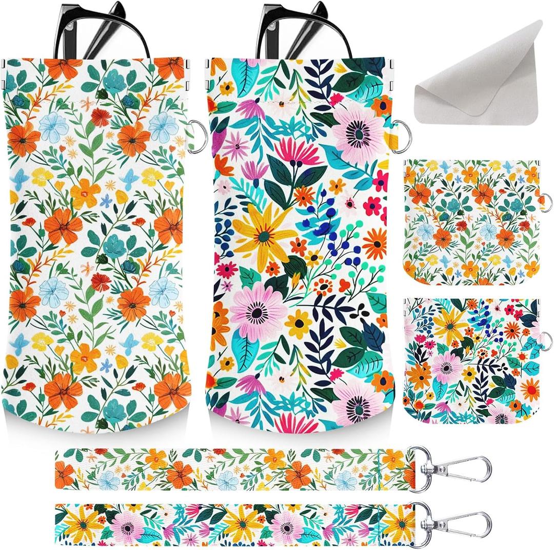 4PCS Eyeglass Sunglass Cases Pouch Soft PU Leather with Cleaning Cloth Cute Glasses Bag Coin Purse for Women Men Gifts (Cute Floral Flower)