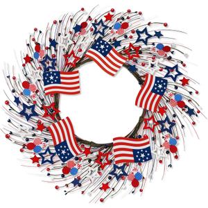 4th of July Independence Day Red White Blue Berry Wreath with Flag, ZOXILEN 20 inch American Flag Stars Wreath Patriotic Decoration, Memorial Veterans Day Berry Hanging Decor