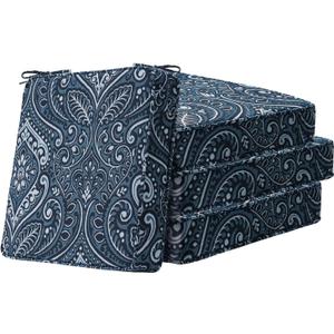 Square Corner Seat Cushions, 19" x 19" x 3", Set of 4, Indoor Outdoor Water Repellent Universal Chair Pads with Ties for Patio Furniture, Garden Deck Dining Chairs, Damask Blue Flower