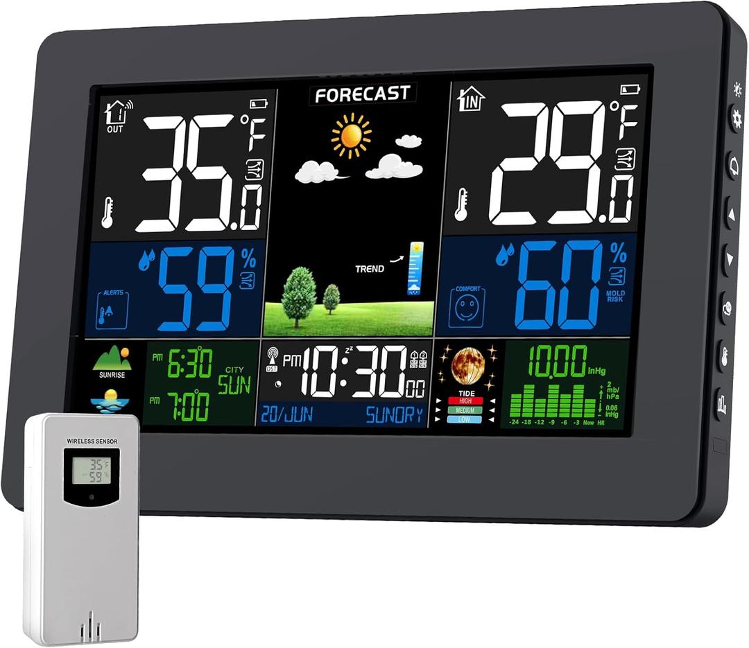 Weather Station Wireless Indoor Outdoor Thermometer, Digital Thermometer with Remote Sensor, Large Display Home Weather Stations with Weather Forecast, Atomic Clock, Barometric Pressure, Moon Phase