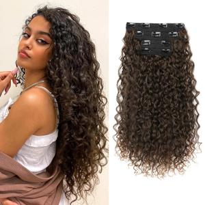 Clip in Hair Extensions, FLUFYMOOZ 4PC 100 Pure Protein Silk Hair Extensions Long Soft Natural Hairpiece 20 Inch Curly Hair Extension for Women (Dark Almond brown with copper)