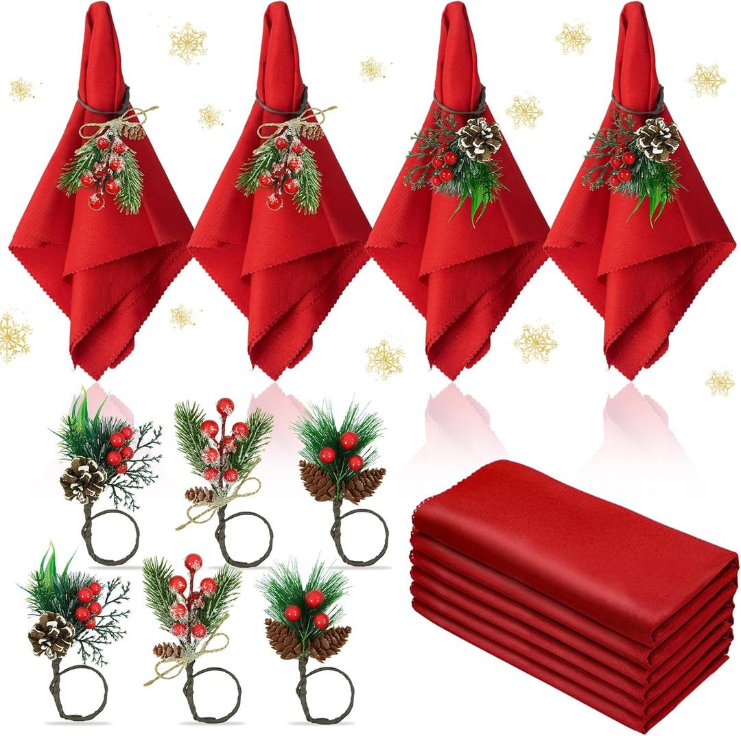 Korlon Tec 12Pcs Christmas Napkins and Ring Set 6Pcs Washable Red Christmas Napkins Cloth and 6Pcs Christmas Napkin Rings for Holiday Party Dinner Christmas Table Decorations