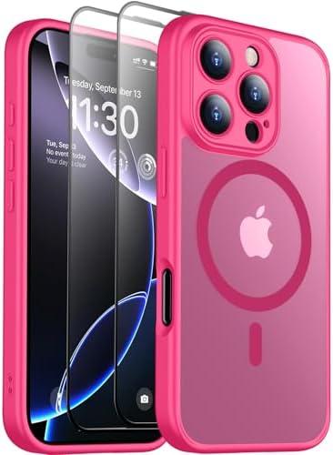 SPIDERCASE Designed for iPhone 16 Pro Case, Magnetic Translucent [2 Tempered Glass Screen Protector] [Full Camera Protection] Anti-Fingerprint Anti-Scratch for iPhone 16 Pro 6.3”, Hot Pink, Pack of 2