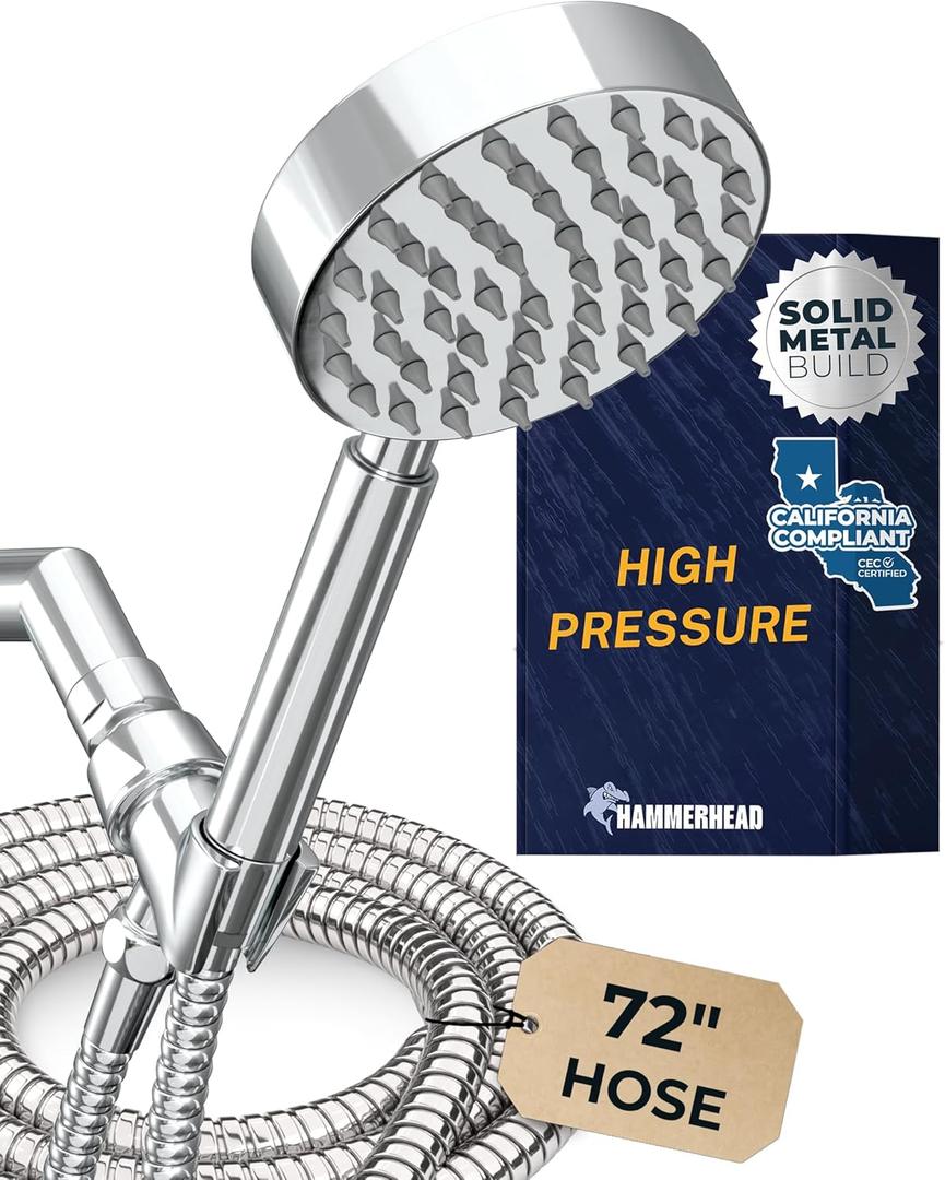 HammerHead Showers Solid Metal LOW FLOW Handheld Shower Head with Hose and Brass Holder - CHROME  Water Saving 1.75 GPM Detachable Shower Head - Adjustable Shower Wand Bracket & 6ft Hose