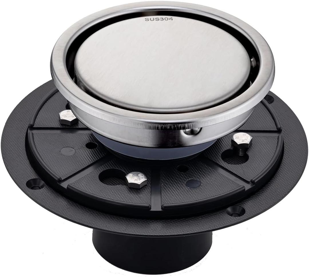 4 inch brushed circular shower floor drain, concealed tile-in installation, complete with sealing ring flange assembly and removable drain cover plate, SUS stainless steel