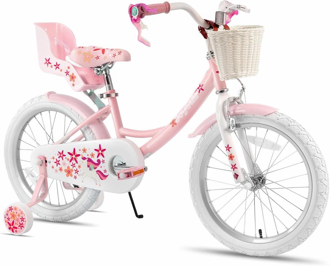 JOYSTAR Unicorn Kids Bike for Girls Ages 2-9 Years Old, 12 14 16 18 Inch Kids Bike with Training Wheels, Doll Seat, Streamers and Basket, Toddler Girls Bike, Multiple Colors (Pink)