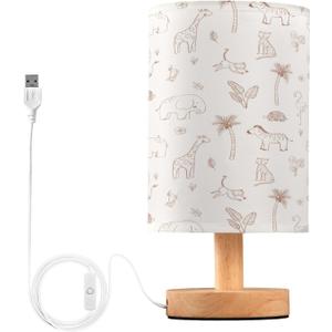 Kigai Safari Nursery Table Lamp for Kids Room LED Bedside Nightstand Lamp with USB Port, Small Nursery Lamp with Fabric Shade for Bedroom, Baby Room, Living Room