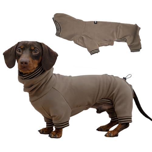 Dachshund Turtleneck Pullover Polar Fleece Four-Legged Dog Jumpsuit, Stretchy Warm Soft Anti-Static Pajamas for Wiener Dog& Small Dogs Fall Winter (Khaki, Small (7-11 lbs))