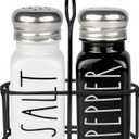 Salt and Pepper Shakers Set with Holder by Brighter Barns - Cute Modern Farmhouse Kitchen Decor, Table Decor - Vintage Glass Black White Shaker Set with Caddy and Stainless Steel Lids (Black/White)