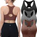 Evercute Women's Zip Front Sports Bras Wireless Padded Racerback Medium Support Post-Surgery Bra Yoga Exercise Athletic Bras (Black Gray Brown 3 Pack)