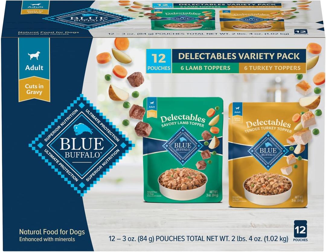Blue Buffalo Delectables Natural Wet Dog Food Topper Variety Pack, Lamb & Turkey Dinner 3oz (12 Pack - 6 of Each Flavor) (EXP 12/14/27)