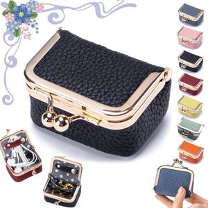 Genuine Leather Mini Jewelry Box, Portable Vintage-Inspired Genuine Leather Coin Purse Jewelry Case with Kiss Lock, Mini Travel Ring Box for Women for Earring/Ring/Necklace/Bracelet,(Black)