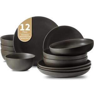 Dinnerware Sets, Stoneware Plates and Bowls Sets, Farmhouse 12 Piece Dish Set for 4, Ceramic Plates Set for Kitchen, Scratch Resistant, Dishwasher & Microwave Safe, Matte Black