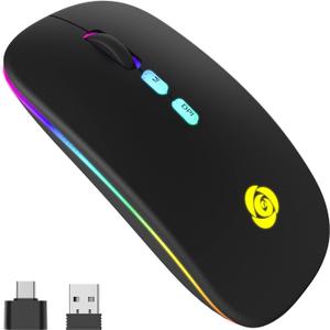 CC Store LED Wireless Bluetooth Mouse &2.4GHz Instant Connection,Rechargeable Ultra Silent Slim,3 Adjustable DPI 2 Connection Modes with USB-C to USB Adapter for Laptop/MacBook/PC/Tablet/iPad (Black)