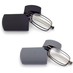 HIGHLIKE Hard Cases Folding Reading Glasses, Pocket Wallet Purse Compact Spring Hinge Readers, Transparent Clear Lens (C1(2-pack: Black Gunmetal))