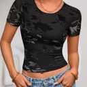 ZESICA Women's 2026 Summer Short Sleeve Crewneck Mesh Slim Fit Shirts Casual Going Out Floral Crop Tops Trendy Clothes (Black)