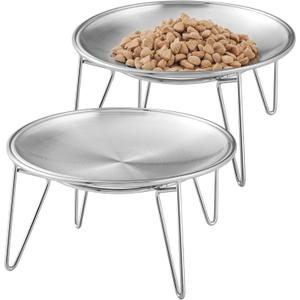 Cat Food Bowls, 2 Pcs Stainless Steel Cats Food and Water Whisker Fatigue Shallow Dishes, Small Dog Puppies Fat Faced Cat Kitten Supplies (2 Plates with Stand)