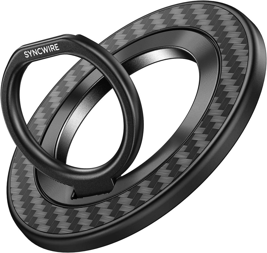 SYNCWIRE Carbon Fiber Magnetic Phone Ring Holder for MagSafe - Magnet Phone Grip Stand with 360 Rotation & Reinforced Hinge Compatible with iPhone 16 15 14 13 Pro Max Plus MagSafe Accessories