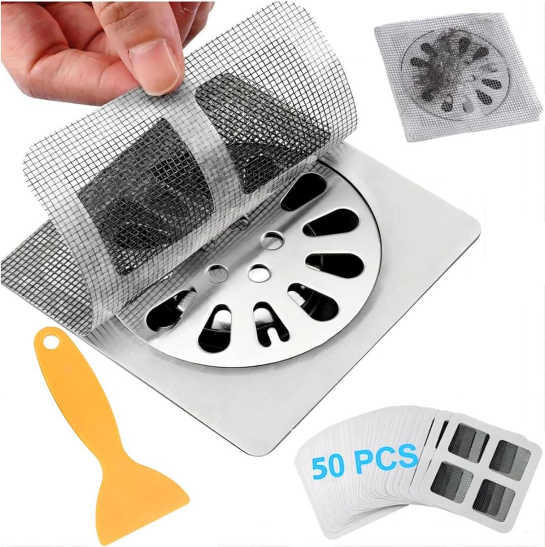 50 Pack Square Disposable Shower Drain Hair Catcher Stickers - Waterproof Drain Covers for Bathroom Floor, Sink & Bathtub, Easy-Peel Drain Hair Trap for Clog Prevention & Hygiene