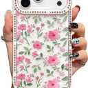 EYZUTAK Flower Case for iPhone 17 Pro Max, Bling Glitter Rhinestone Phone Case with Luxury Sparkly Diamond Edge Shiny Glossy Floral Anti-Scratch Clear TPU Shockproof Bumper Cover for Women-Pink